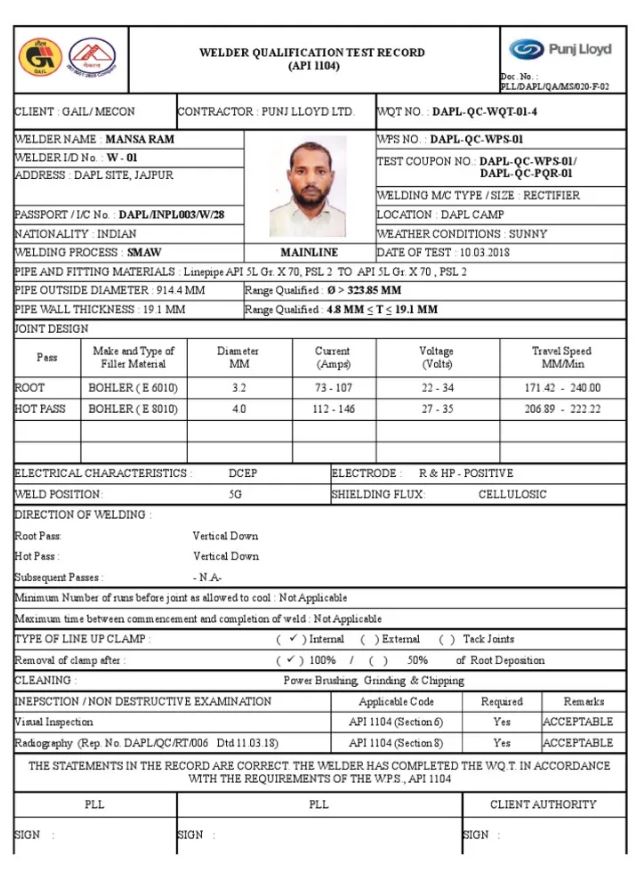 برگه WQT نمونه تست فرم جوشکاری